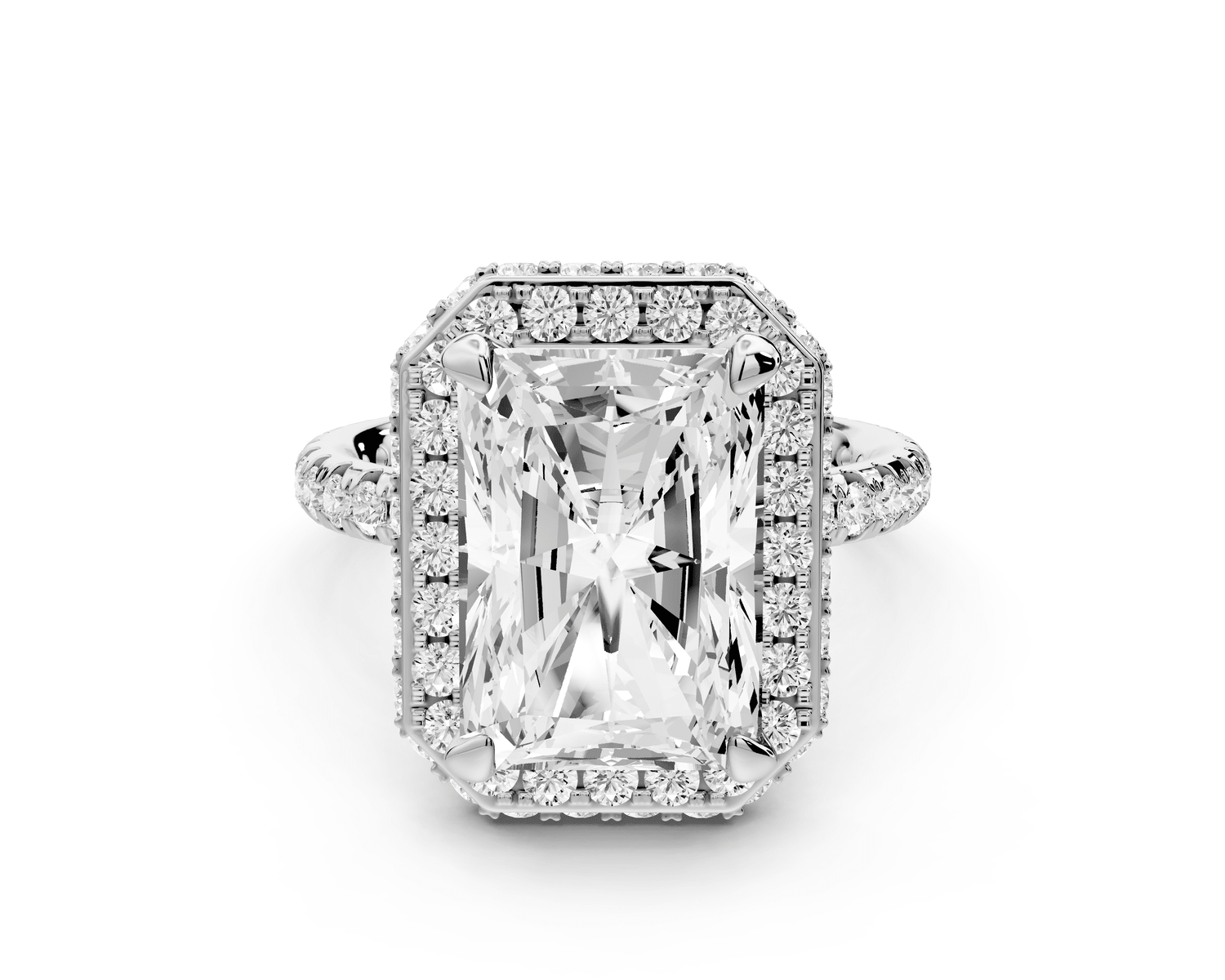 Amelie - 5ct 18k white gold radiant Diamond with Rollover Halo and Pavé engagement Ring - Mr. Alex Jewelry