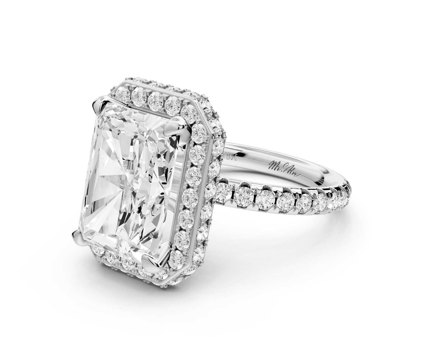 Amelie - 5ct 18k white gold radiant Diamond with Rollover Halo and Pavé engagement Ring - Mr. Alex Jewelry