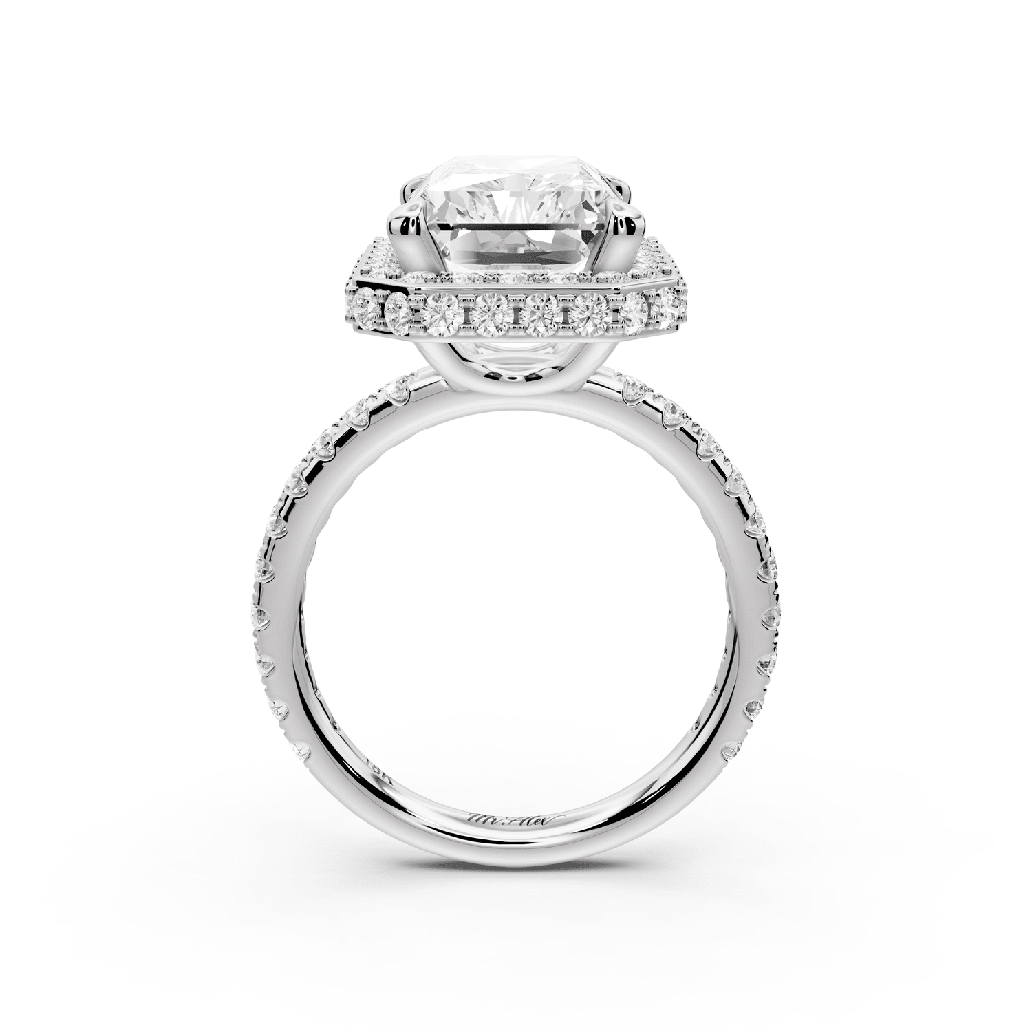 Amelie - 5ct 18k white gold radiant Diamond with Rollover Halo and Pavé engagement Ring - Mr. Alex Jewelry
