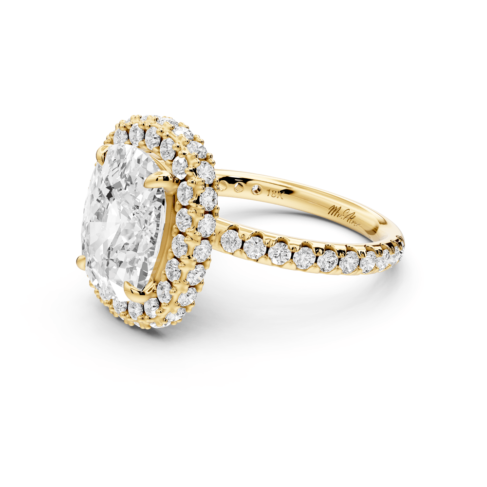 Amelie - 5ct 18k yellow gold ecushion Diamond with Rollover Halo and Pavé engagement Ring - Mr. Alex Jewelry