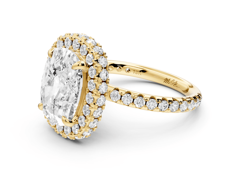 Amelie - 5ct 18k yellow gold ecushion Diamond with Rollover Halo and Pavé engagement Ring - Mr. Alex Jewelry