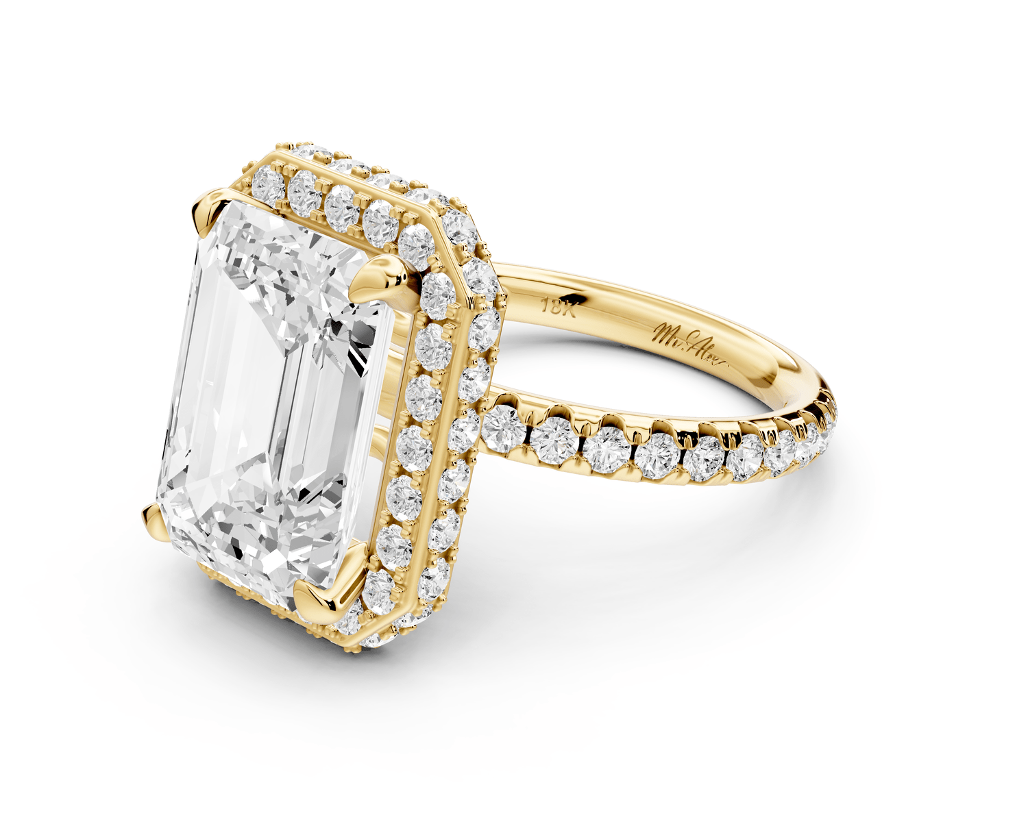 Amelie - 5ct 18k yellow gold emerald Diamond with Rollover Halo and Pavé Engagement Ring - Mr. Alex Jewelry