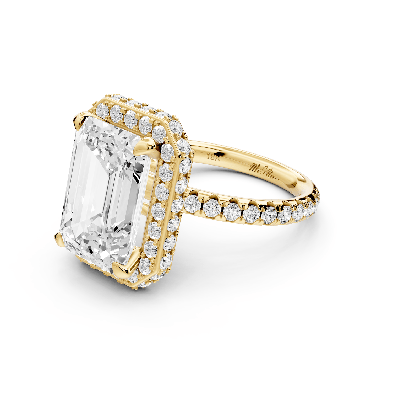 Amelie - 5ct 18k yellow gold emerald Diamond with Rollover Halo and Pavé Engagement Ring - Mr. Alex Jewelry