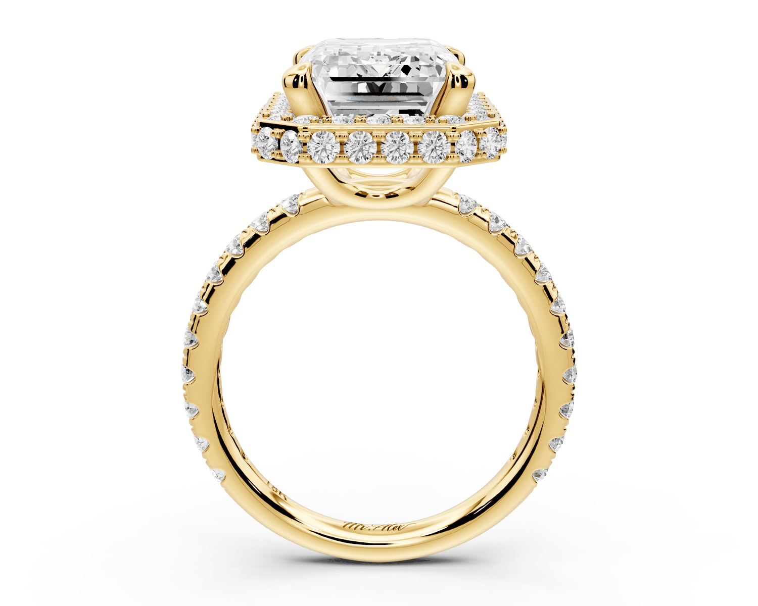 Amelie - 5ct 18k yellow gold emerald Diamond with Rollover Halo and Pavé Engagement Ring - Mr. Alex Jewelry