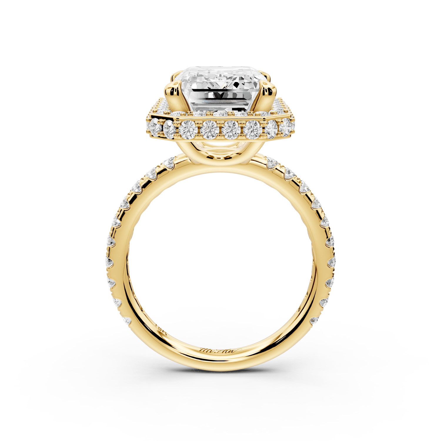 Amelie - 5ct 18k yellow gold emerald Diamond with Rollover Halo and Pavé Engagement Ring - Mr. Alex Jewelry