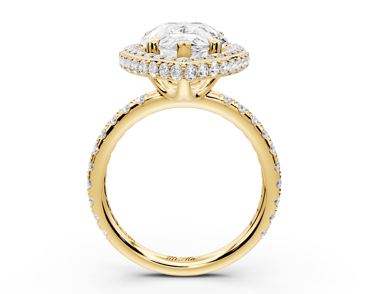 Amelie - 5ct 18k yellow gold pear Diamond with Rollover Halo and Pavé Engagement Ring - Mr. Alex Jewelry