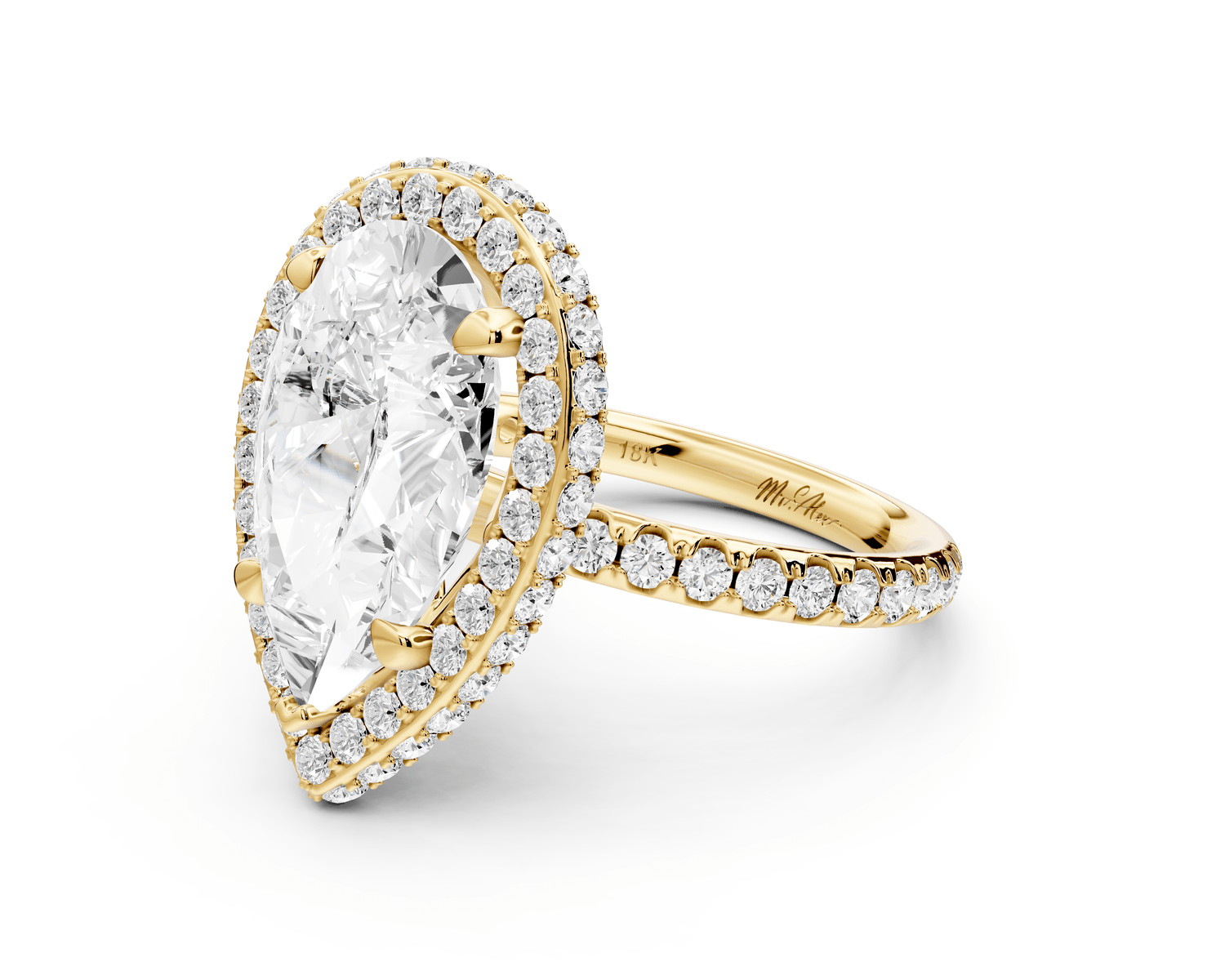 Amelie - 5ct 18k yellow gold pear Diamond with Rollover Halo and Pavé Engagement Ring - Mr. Alex Jewelry