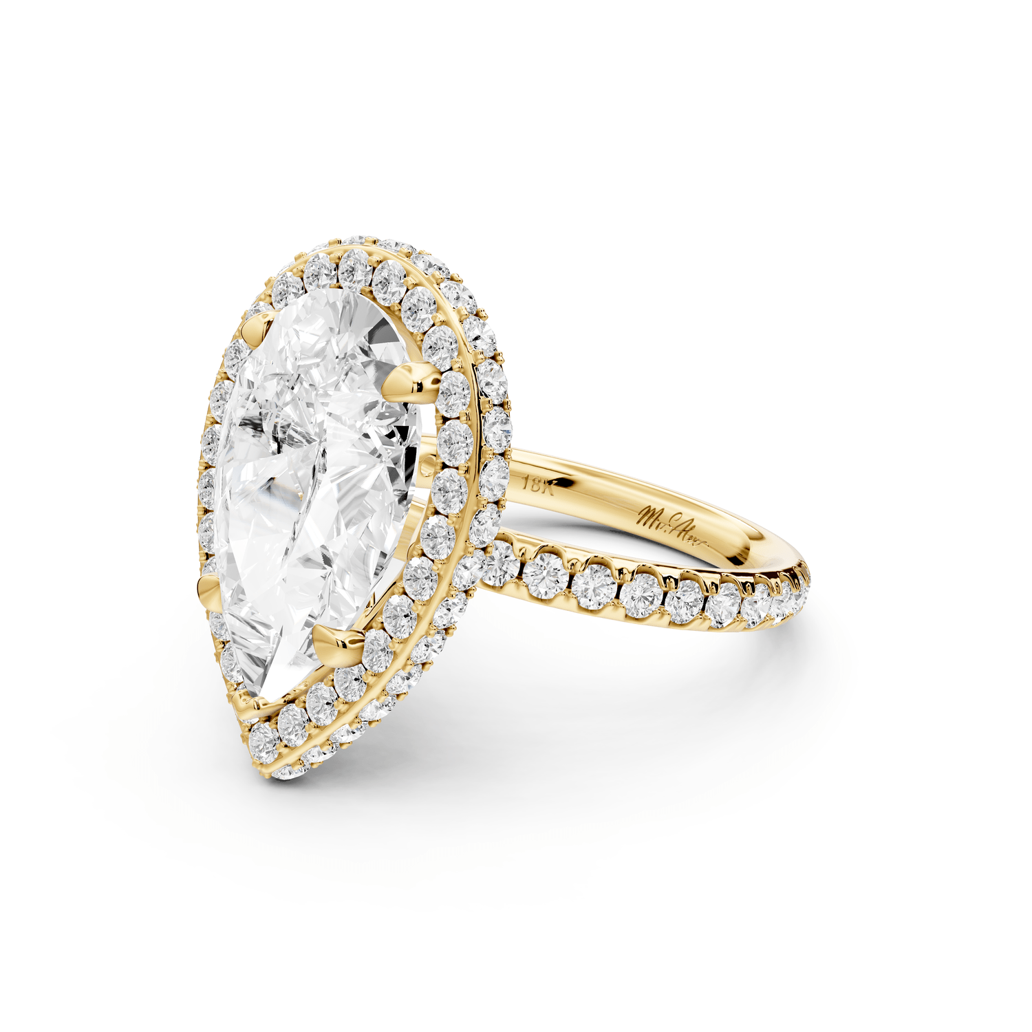 Amelie - 5ct 18k yellow gold pear Diamond with Rollover Halo and Pavé Engagement Ring - Mr. Alex Jewelry