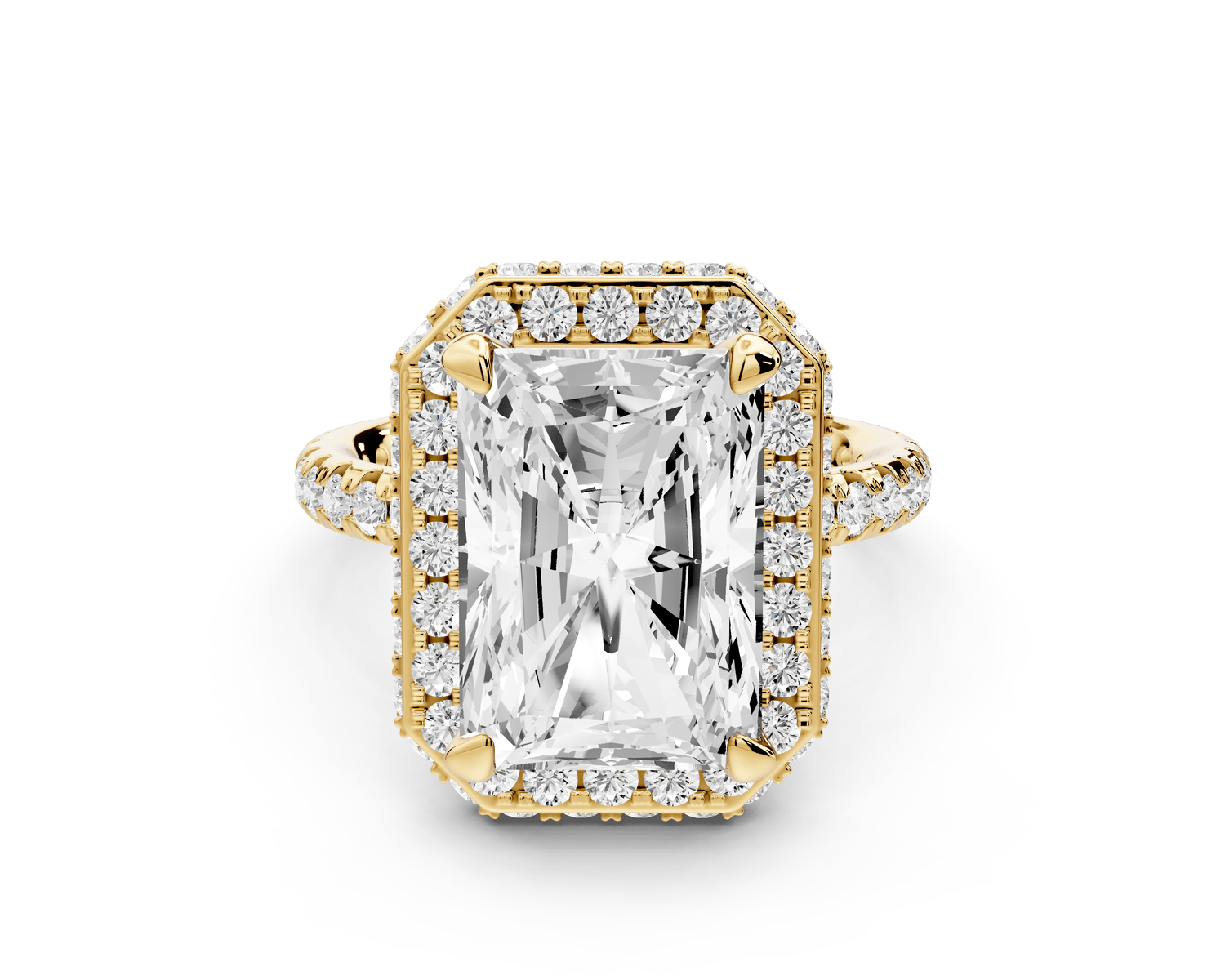 Amelie - 5ct 18k yellow gold radiant Diamond with Rollover Halo and Pavé engagement Ring - Mr. Alex Jewelry