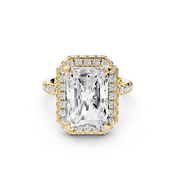 Amelie - 5ct 18k yellow gold radiant Diamond with Rollover Halo and Pavé engagement Ring - Mr. Alex Jewelry