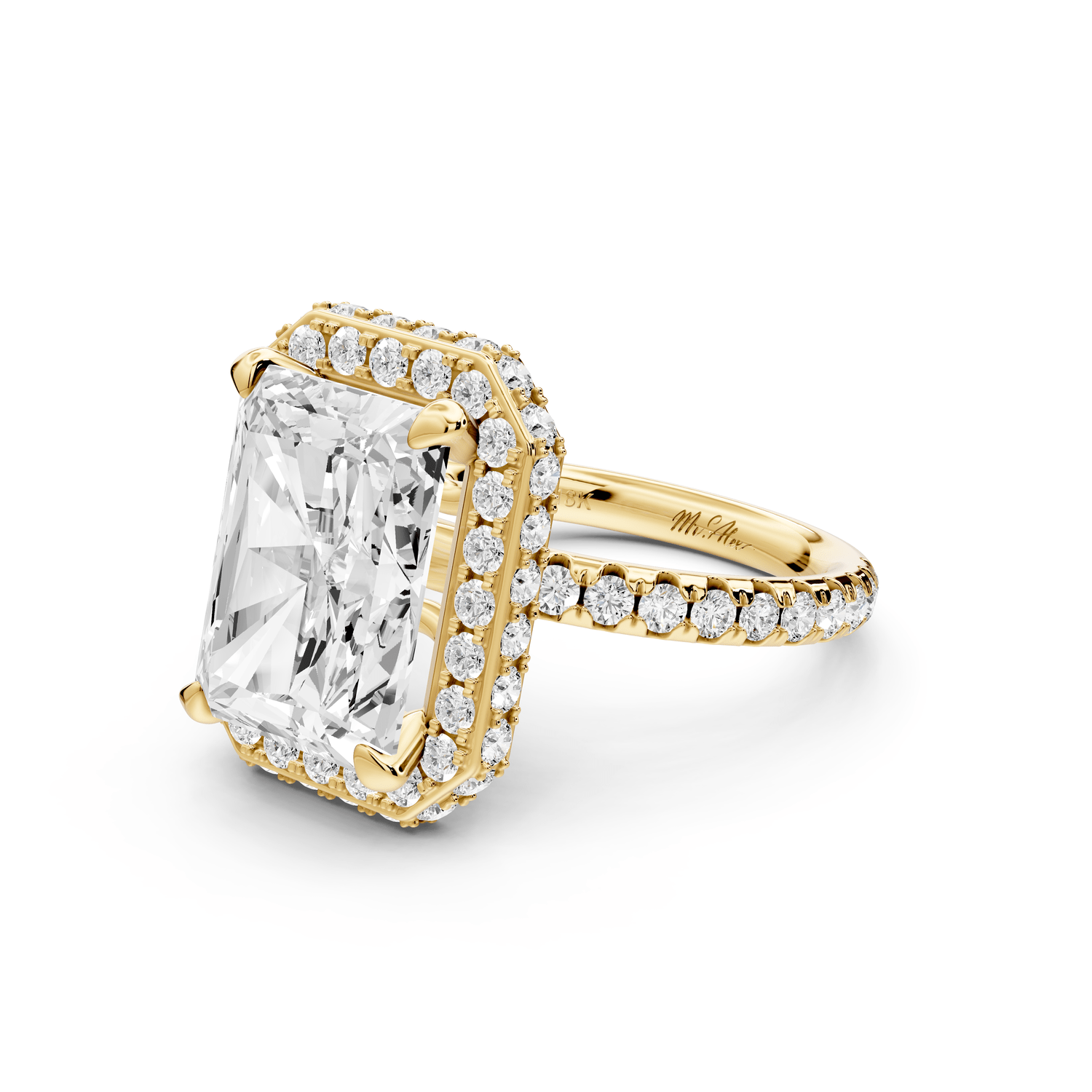 Amelie - 5ct 18k yellow gold radiant Diamond with Rollover Halo and Pavé engagement Ring - Mr. Alex Jewelry