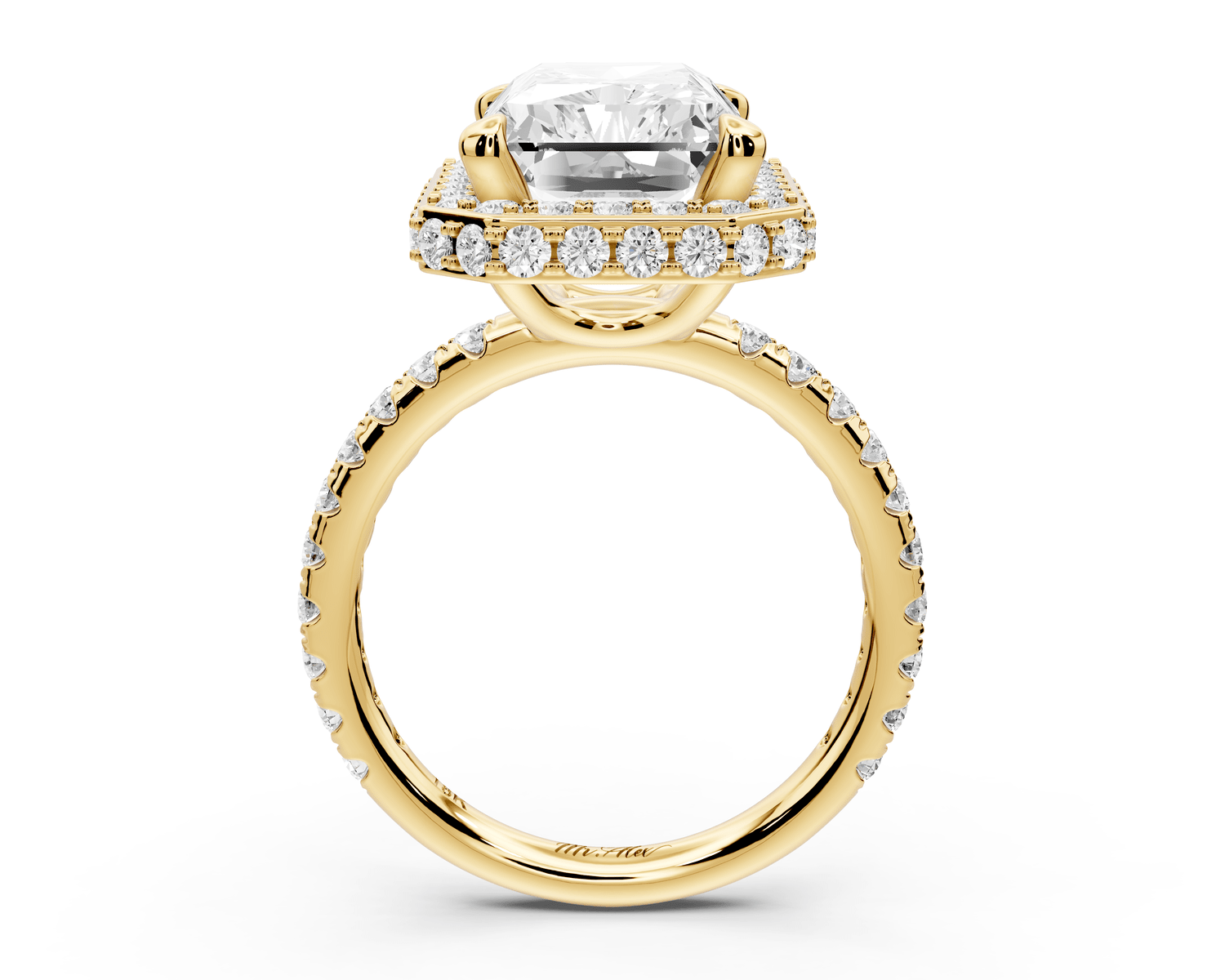 Amelie - 5ct 18k yellow gold radiant Diamond with Rollover Halo and Pavé engagement Ring - Mr. Alex Jewelry