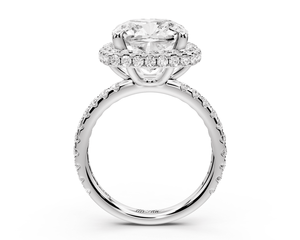 Amelie - 5ct platinum cushion Diamond with Rollover Halo and Pavé engagement Ring - Mr. Alex Jewelry