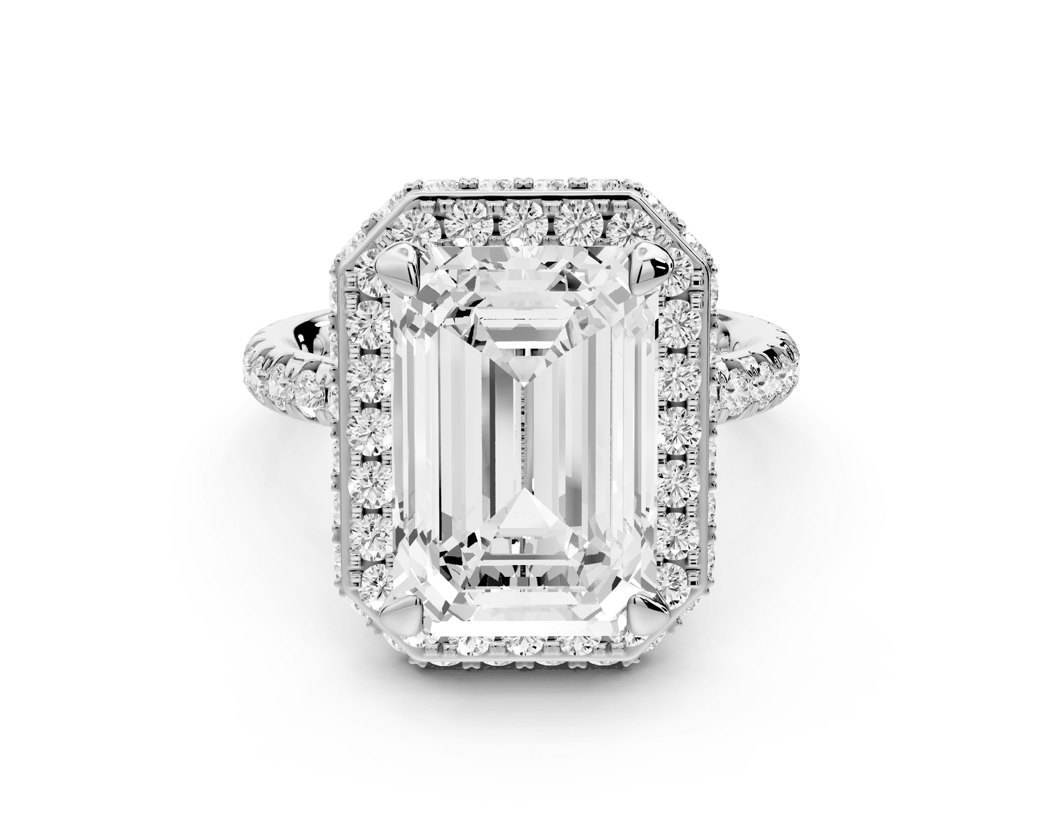 Amelie - 5ct platinum emerald Diamond with Rollover Halo and Pavé Engagement Ring - Mr. Alex Jewelry