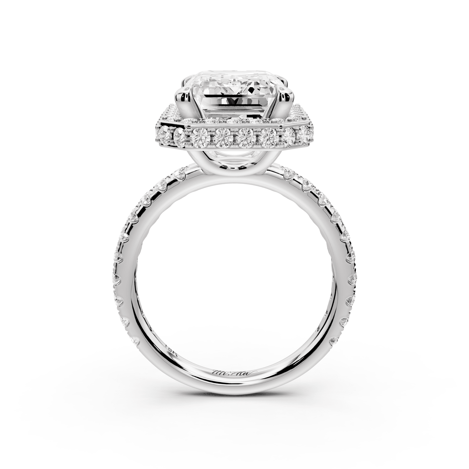 Amelie - 5ct platinum emerald Diamond with Rollover Halo and Pavé Engagement Ring - Mr. Alex Jewelry
