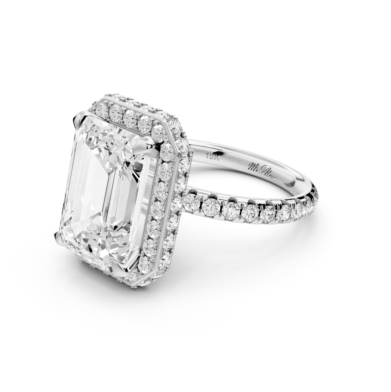 Amelie - 5ct platinum emerald Diamond with Rollover Halo and Pavé Engagement Ring - Mr. Alex Jewelry
