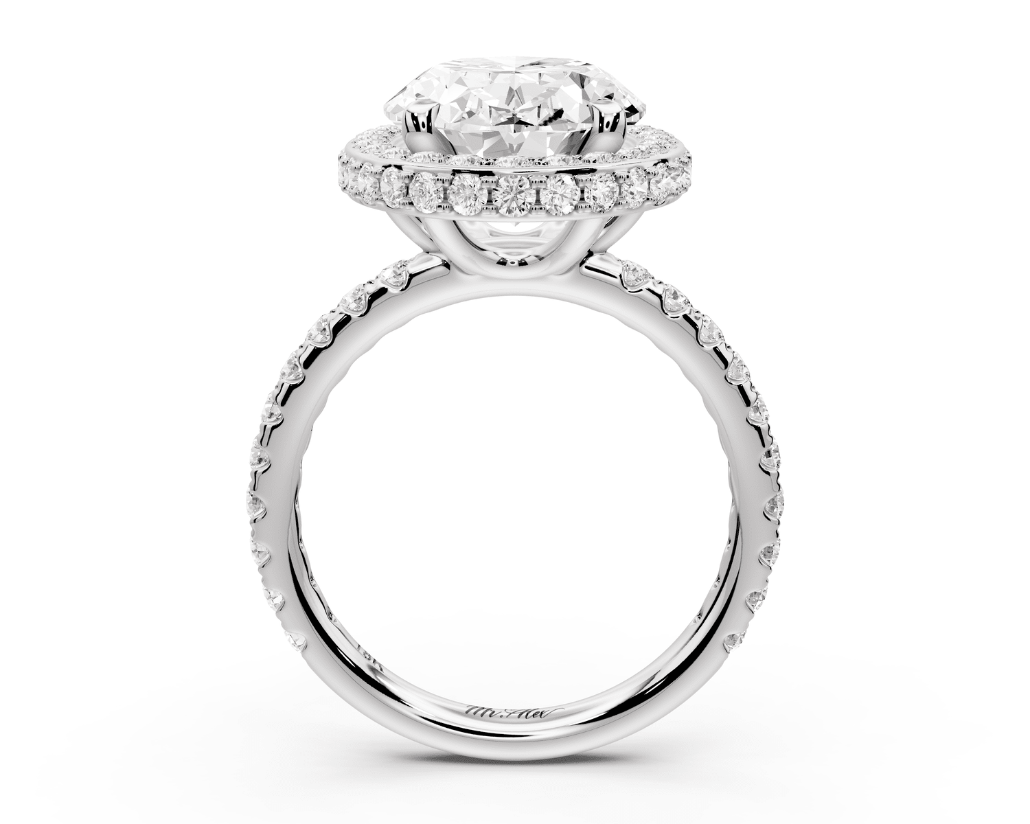 Amelie - 5ct platinum oval Diamond with Rollover Halo and Pavé Engagement Ring - Mr. Alex Jewelry
