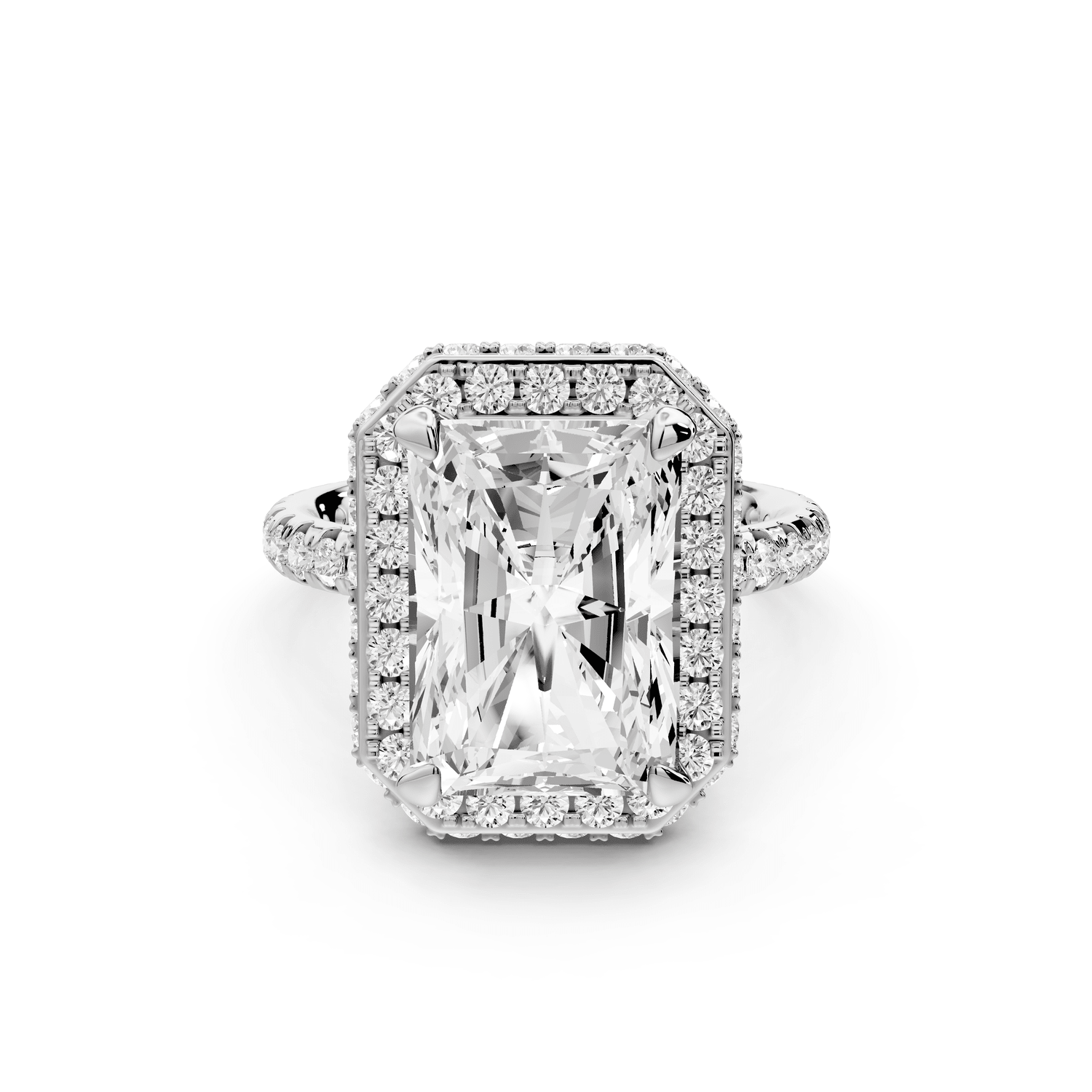 Amelie - 5ct platinum radiant Diamond with Rollover Halo and Pavé engagement Ring - Mr. Alex Jewelry