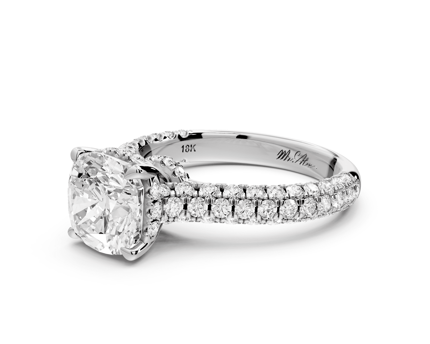 Amoria - 2ct 14k white gold cushion Diamond Engagement Ring with Pavé Band & Hidden Halo - Mr. Alex Jewelry