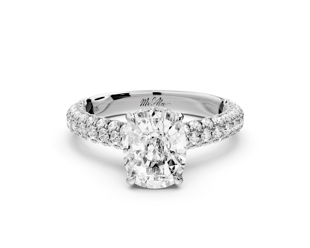 Amoria - 2ct 14k white gold ecushion Diamond Engagement Ring with Pavé Band & Hidden Halo - Mr. Alex Jewelry