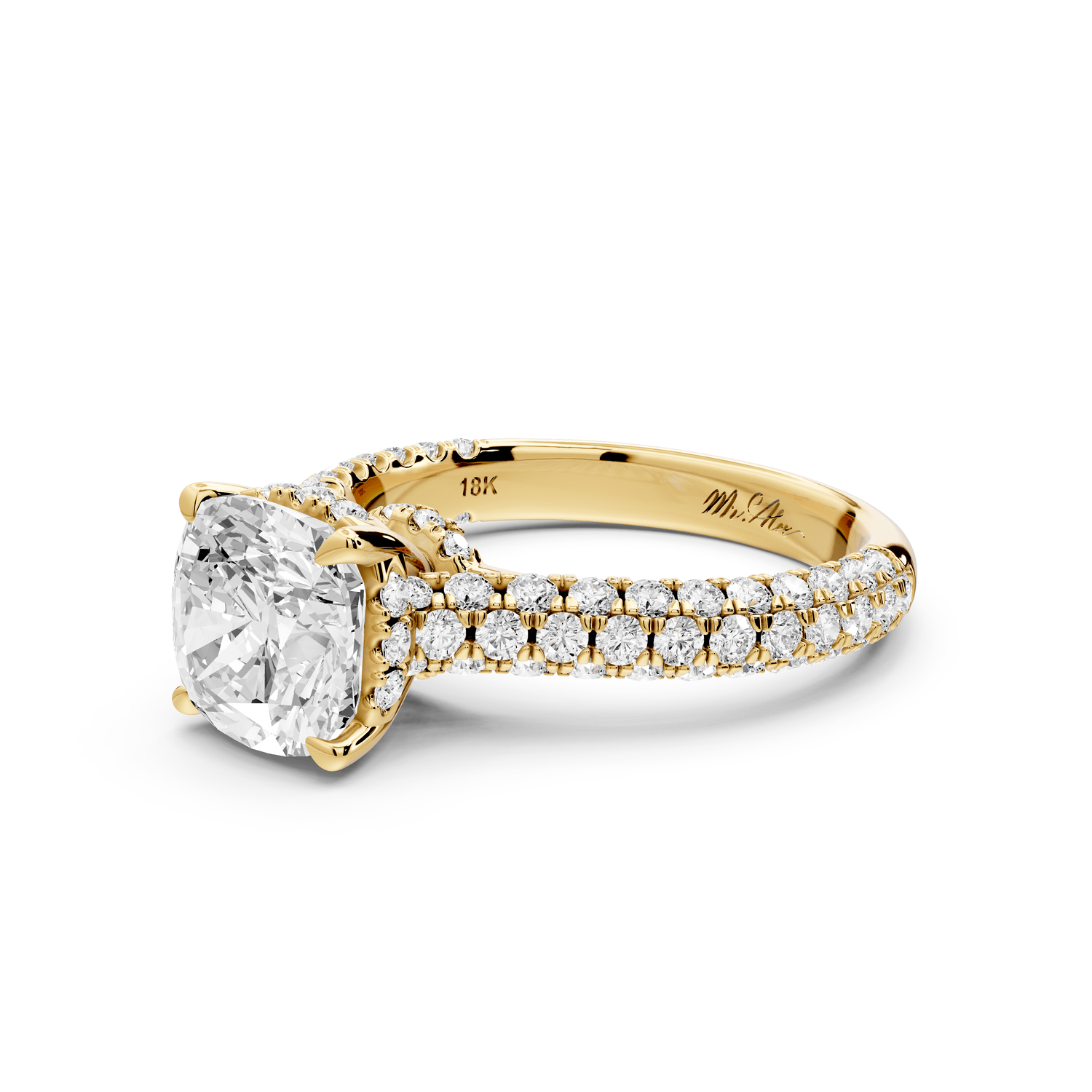 Amoria - 2ct 14k yellow gold cushion Diamond Engagement Ring with Pavé Band & Hidden Halo - Mr. Alex Jewelry