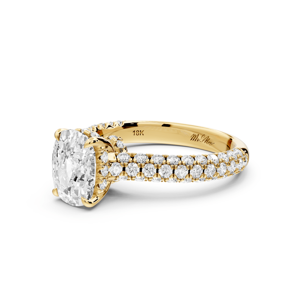 Amoria - 2ct 14k yellow gold ecushion Diamond Engagement Ring with Pavé Band & Hidden Halo - Mr. Alex Jewelry