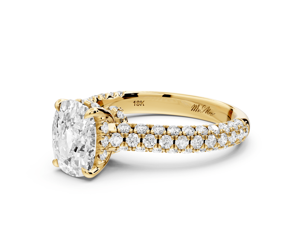 Amoria - 2ct 14k yellow gold ecushion Diamond Engagement Ring with Pavé Band & Hidden Halo - Mr. Alex Jewelry