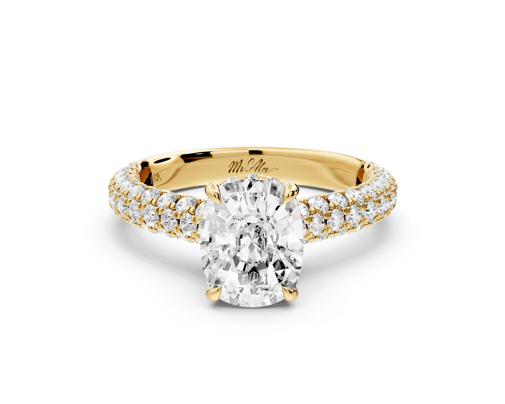 Amoria - 2ct 14k yellow gold ecushion Diamond Engagement Ring with Pavé Band & Hidden Halo - Mr. Alex Jewelry