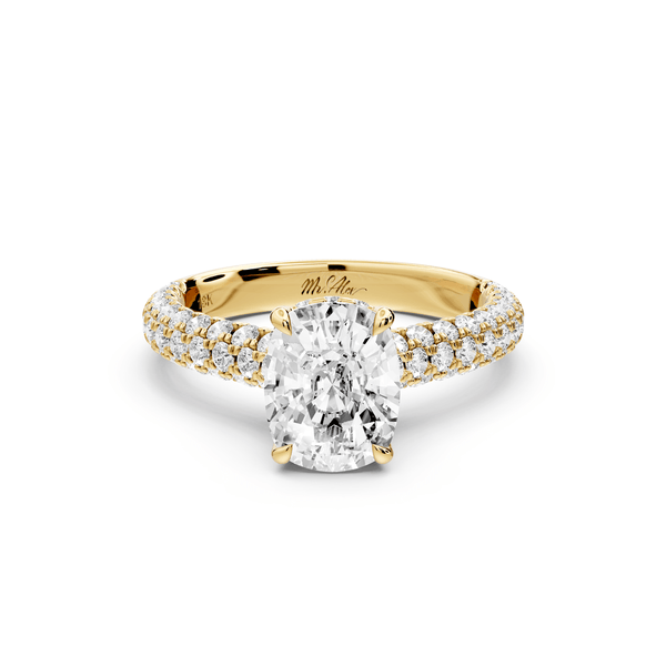 Amoria - 2ct 14k yellow gold ecushion Diamond Engagement Ring with Pavé Band & Hidden Halo - Mr. Alex Jewelry