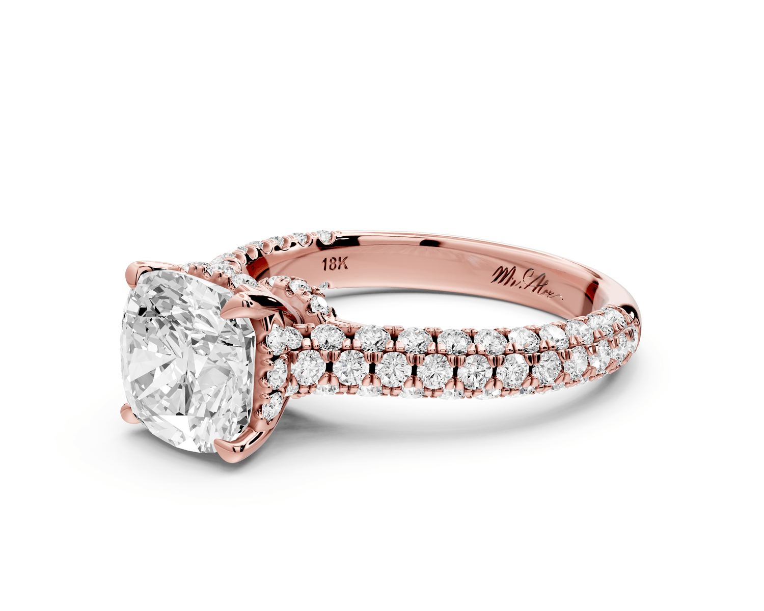 Amoria - 2ct 18k rose gold cushion Diamond Engagement Ring with Pavé Band & Hidden Halo - Mr. Alex Jewelry