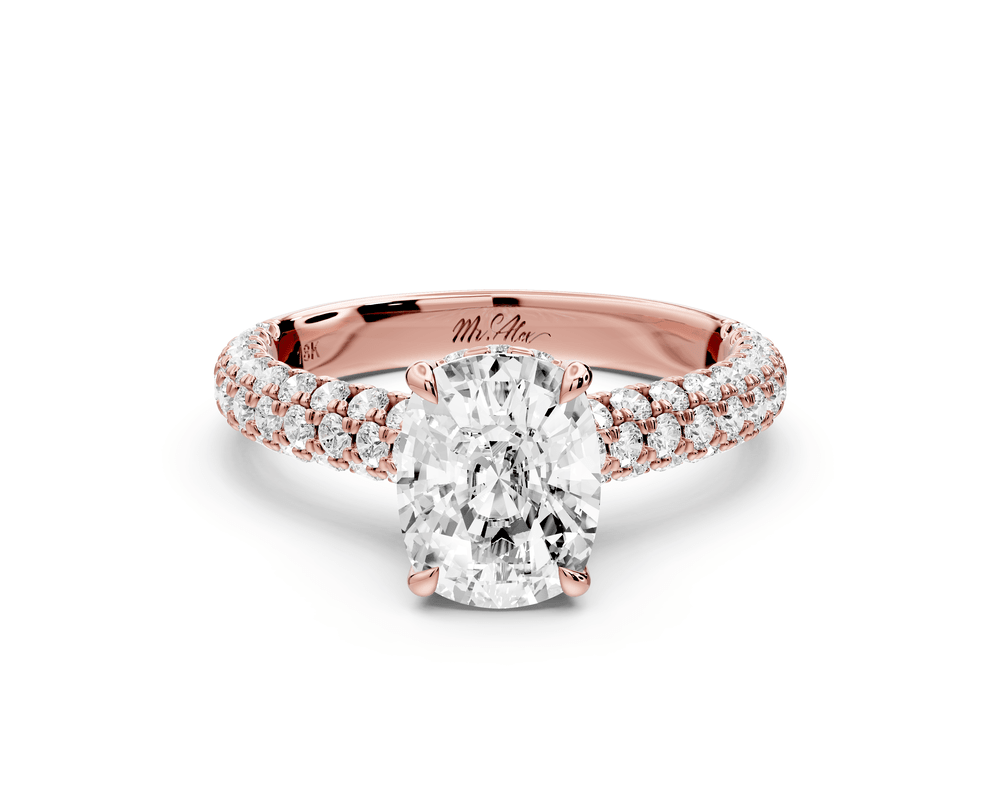Amoria - 2ct 18k rose gold ecushion Diamond Engagement Ring with Pavé Band & Hidden Halo - Mr. Alex Jewelry