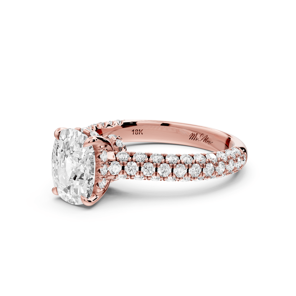 Amoria - 2ct 18k rose gold ecushion Diamond Engagement Ring with Pavé Band & Hidden Halo - Mr. Alex Jewelry