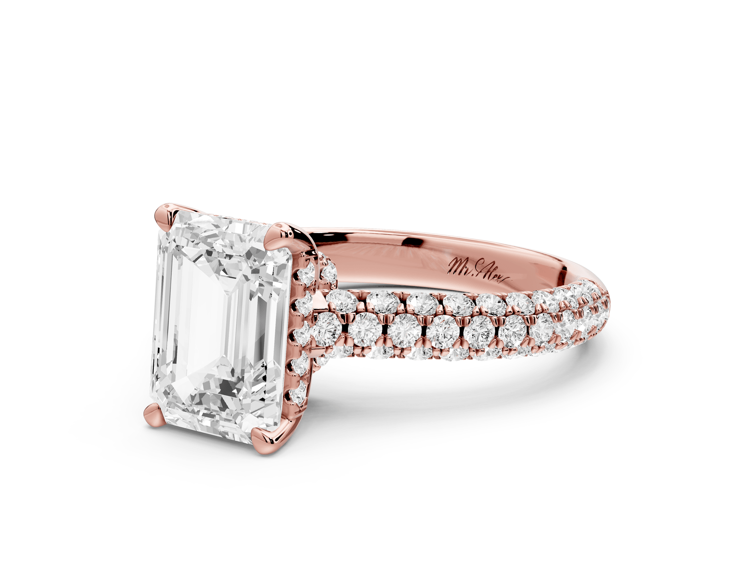 Amoria - 2ct 18k rose gold emerald Diamond Engagement Ring with Pavé Band & Hidden Halo - Mr. Alex Jewelry