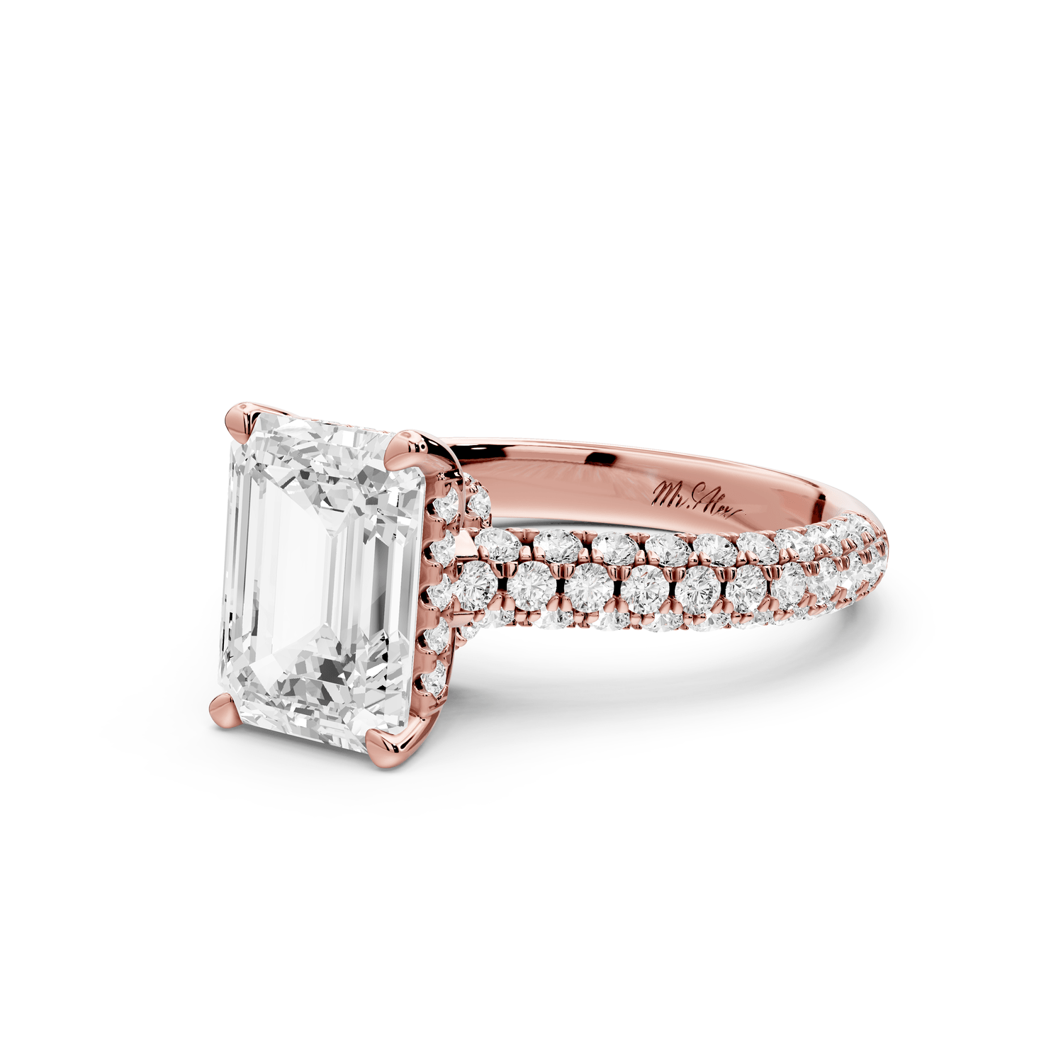 Amoria - 2ct 18k rose gold emerald Diamond Engagement Ring with Pavé Band & Hidden Halo - Mr. Alex Jewelry