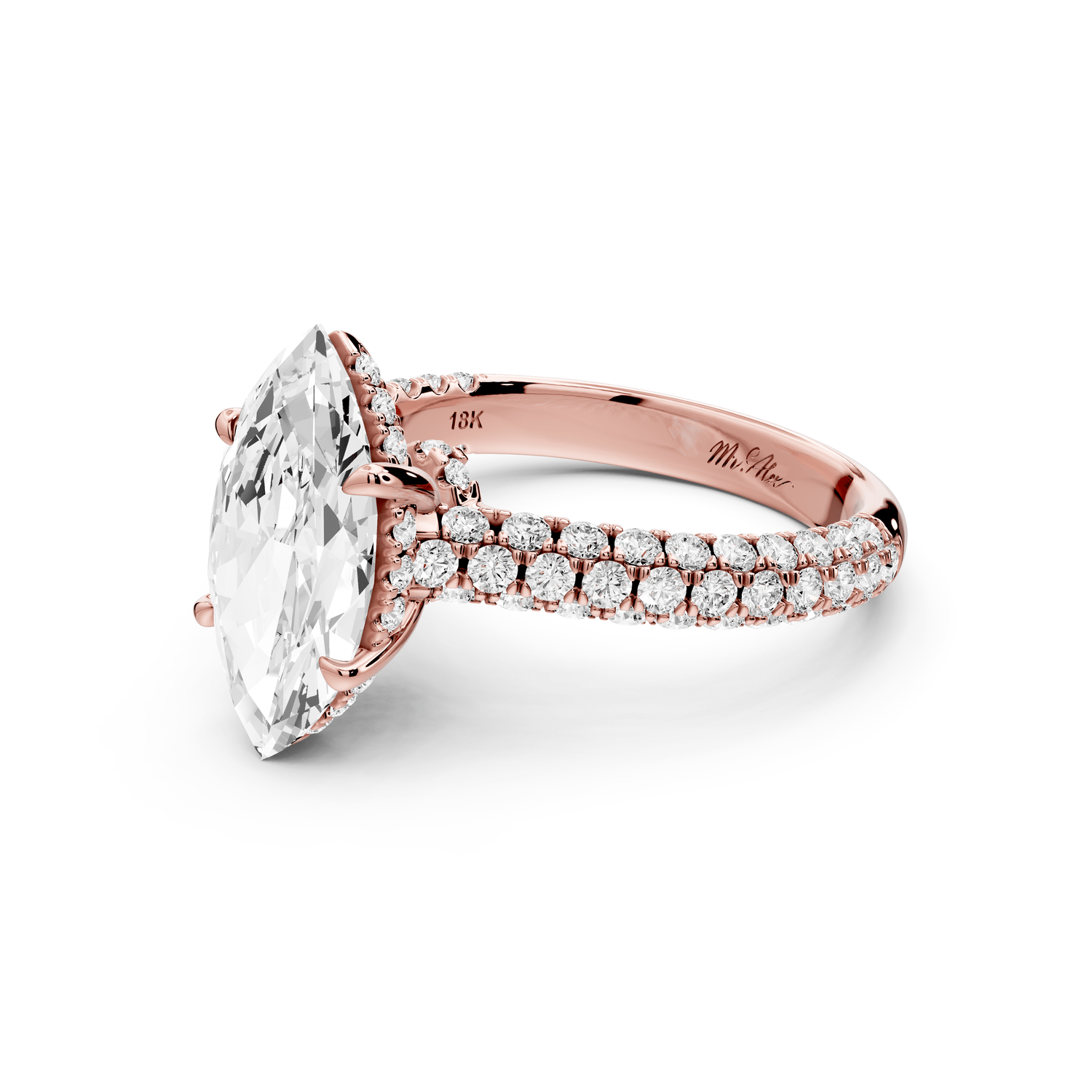 Amoria - 2ct 18k rose gold marquise Diamond Engagement Ring with Pavé Band & Hidden Halo - Mr. Alex Jewelry