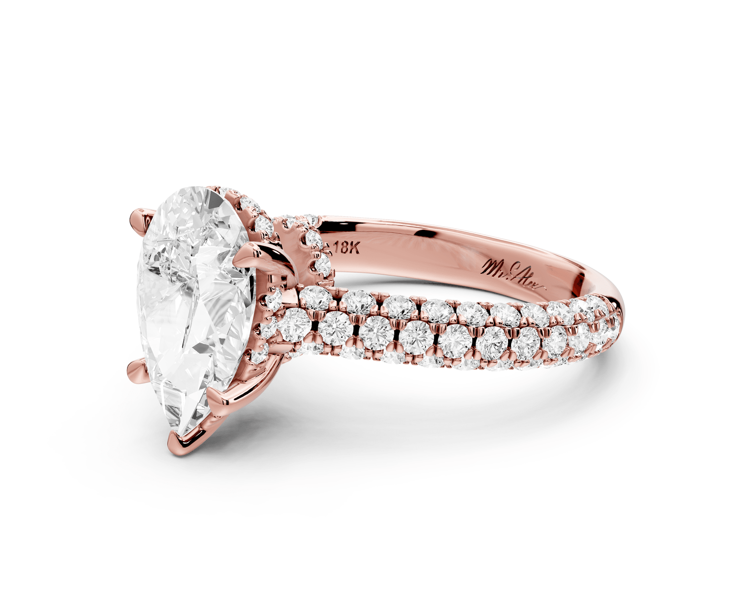 Amoria - 2ct 18k rose gold pear Diamond Engagement Ring with Pavé Band & Hidden Halo - Mr. Alex Jewelry