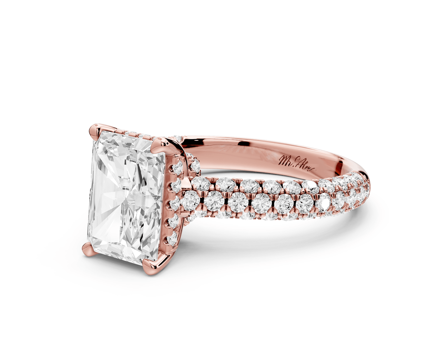 Amoria - 2ct 18k rose gold radiant Diamond Engagement Ring with Pavé Band & Hidden Halo - Mr. Alex Jewelry