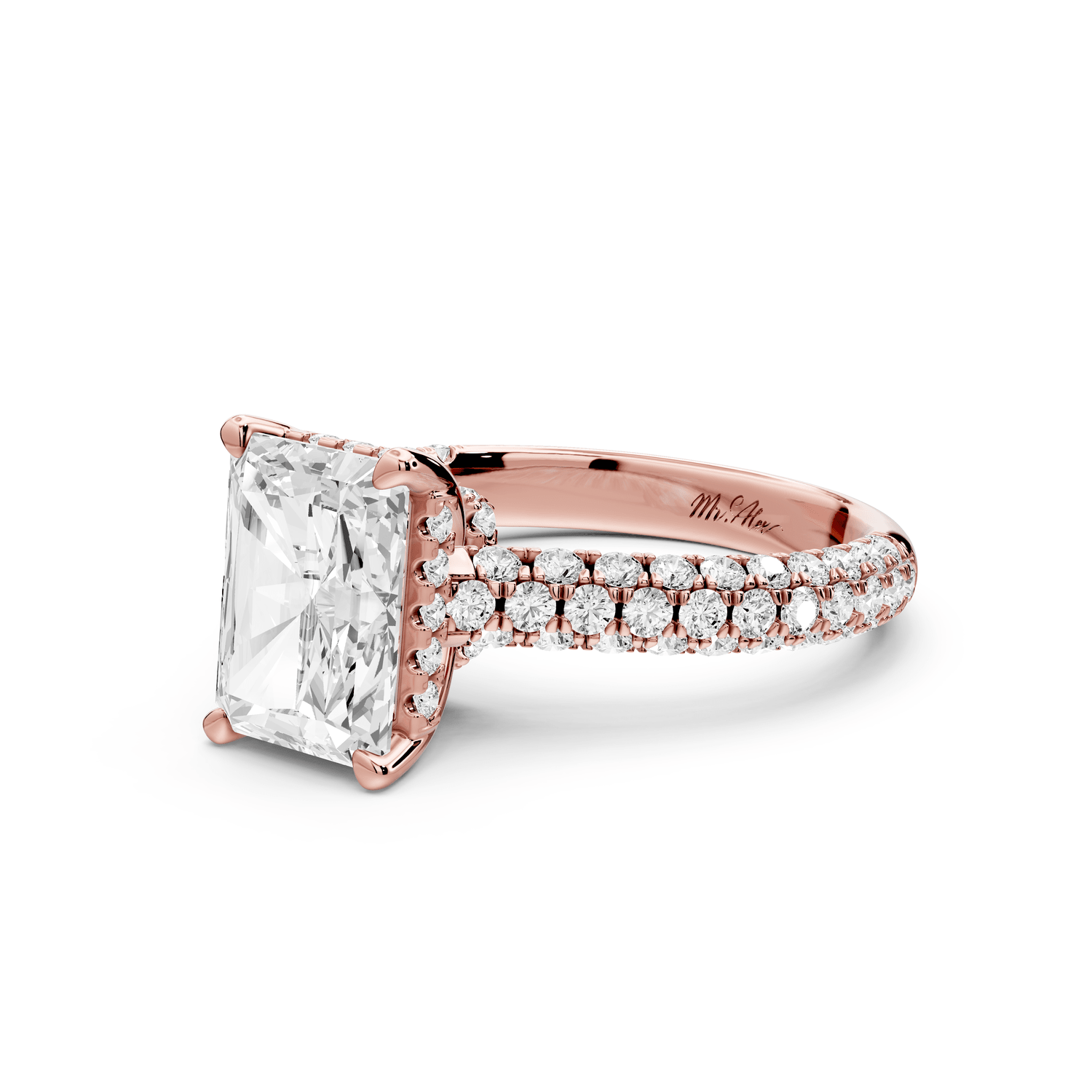 Amoria - 2ct 18k rose gold radiant Diamond Engagement Ring with Pavé Band & Hidden Halo - Mr. Alex Jewelry