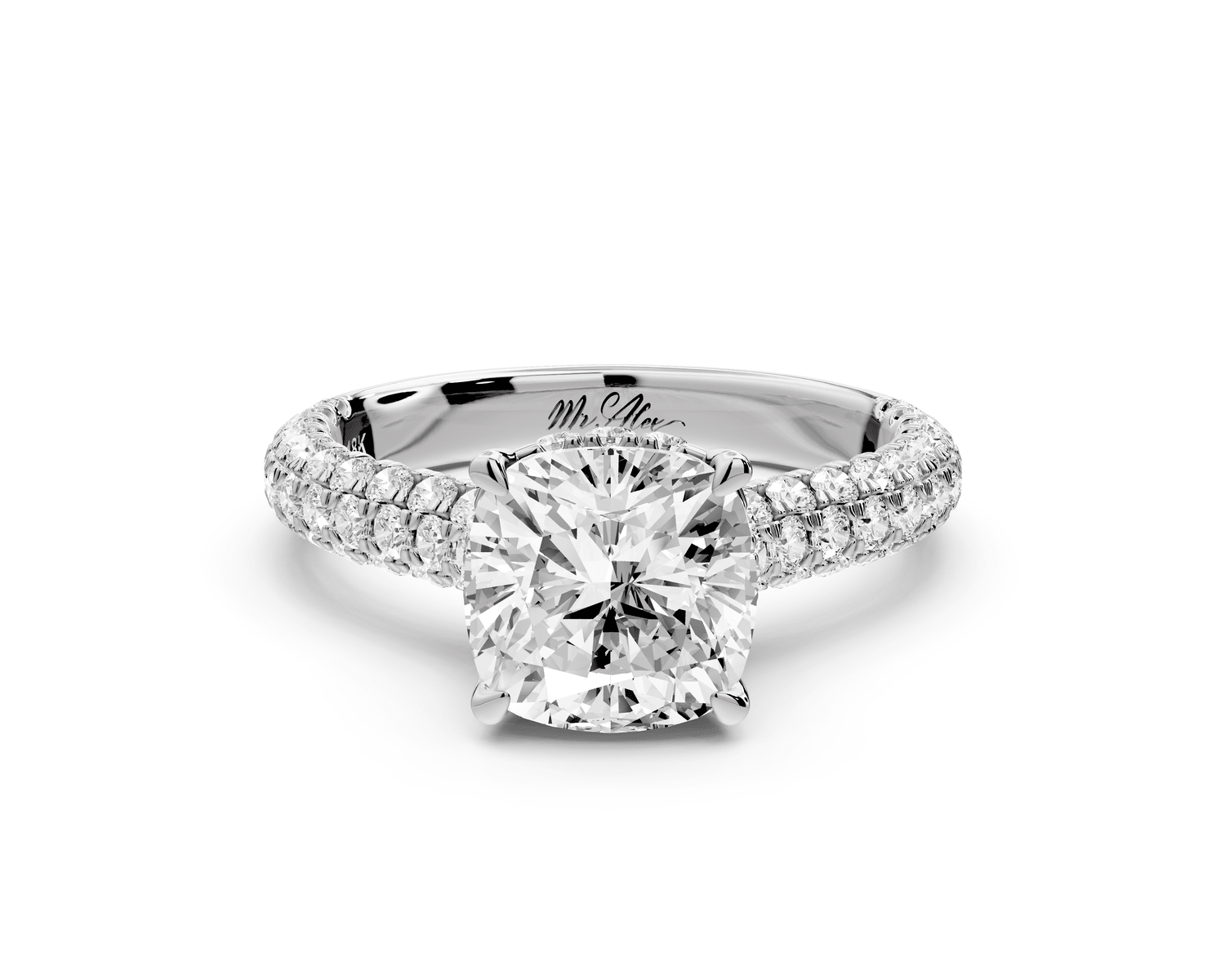 Amoria - 2ct 18k white gold cushion Diamond Engagement Ring with Pavé Band & Hidden Halo - Mr. Alex Jewelry
