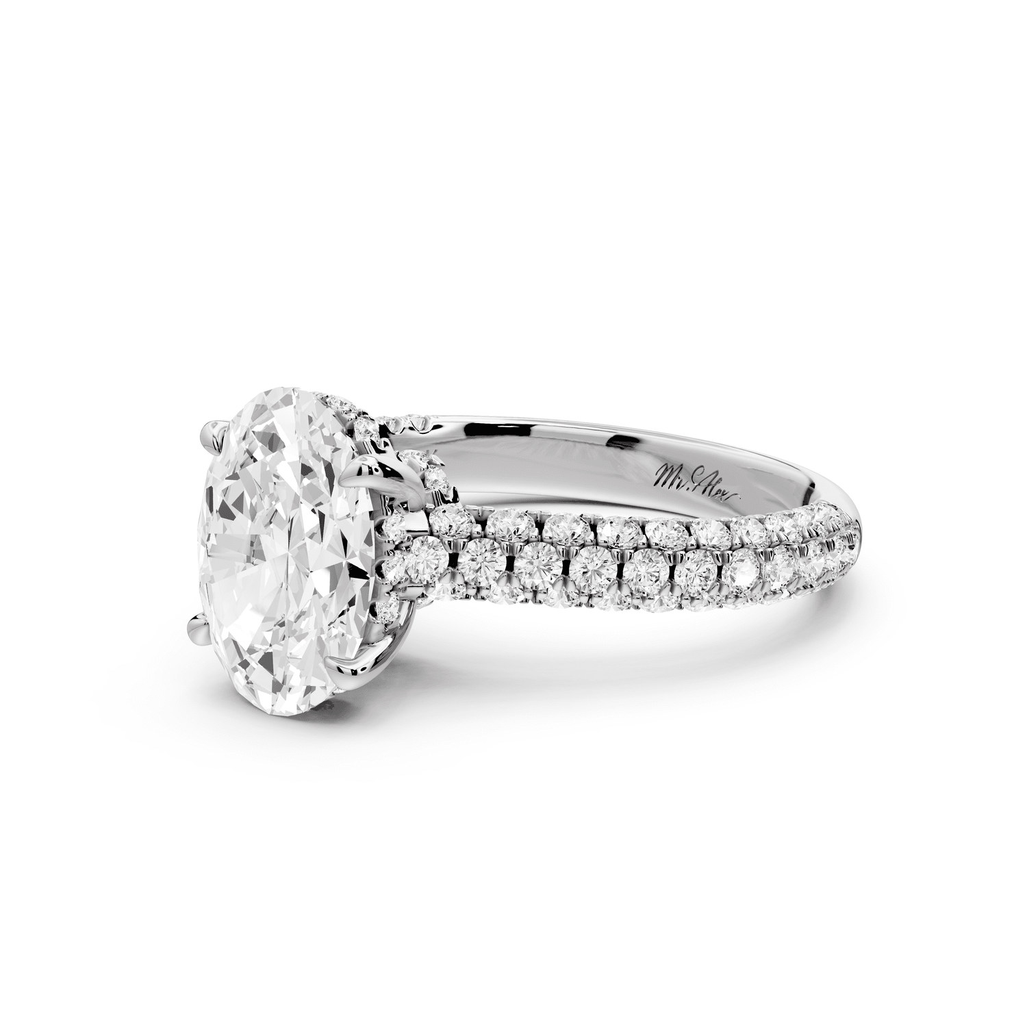 Amoria - 2ct 18k white gold oval Diamond Engagement Ring with Pavé Band & Hidden Halo - Mr. Alex Jewelry