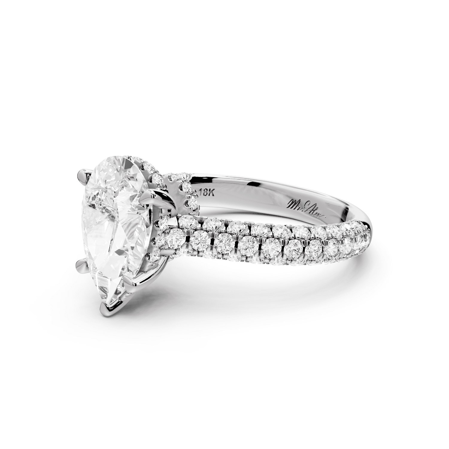 Amoria - 2ct 18k white gold pear Diamond Engagement Ring with Pavé Band & Hidden Halo - Mr. Alex Jewelry