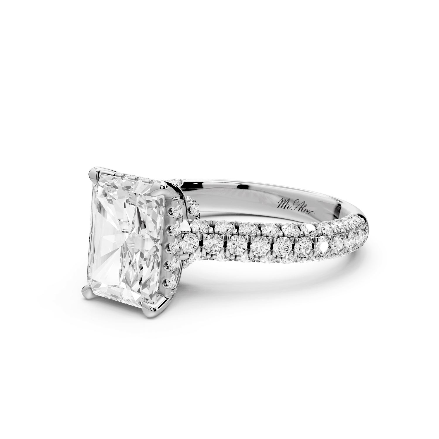 Amoria - 2ct 18k white gold radiant Diamond Engagement Ring with Pavé Band & Hidden Halo - Mr. Alex Jewelry