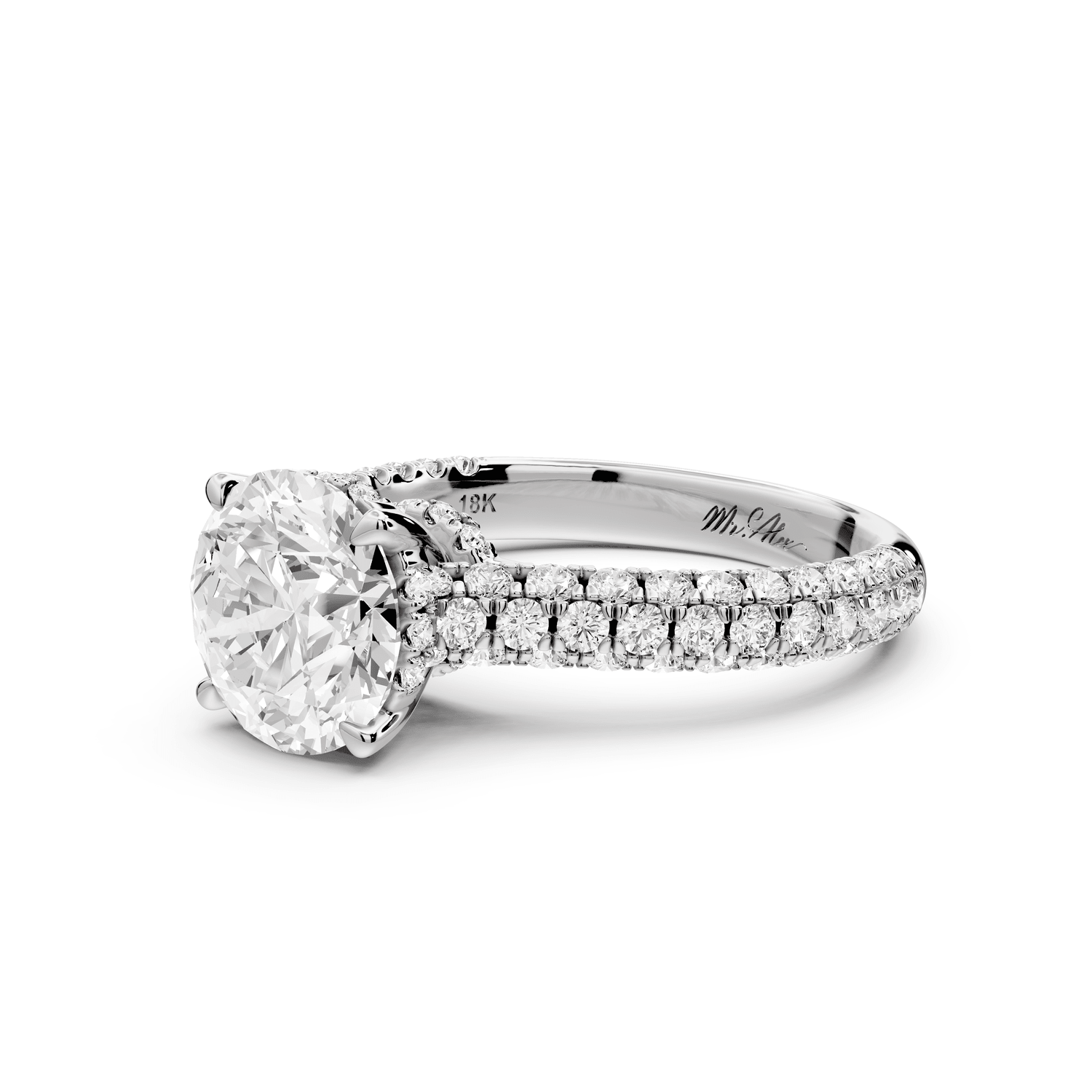 Amoria - 2ct 18k white gold round Diamond Engagement Ring with Pavé Band & Hidden Halo - Mr. Alex Jewelry