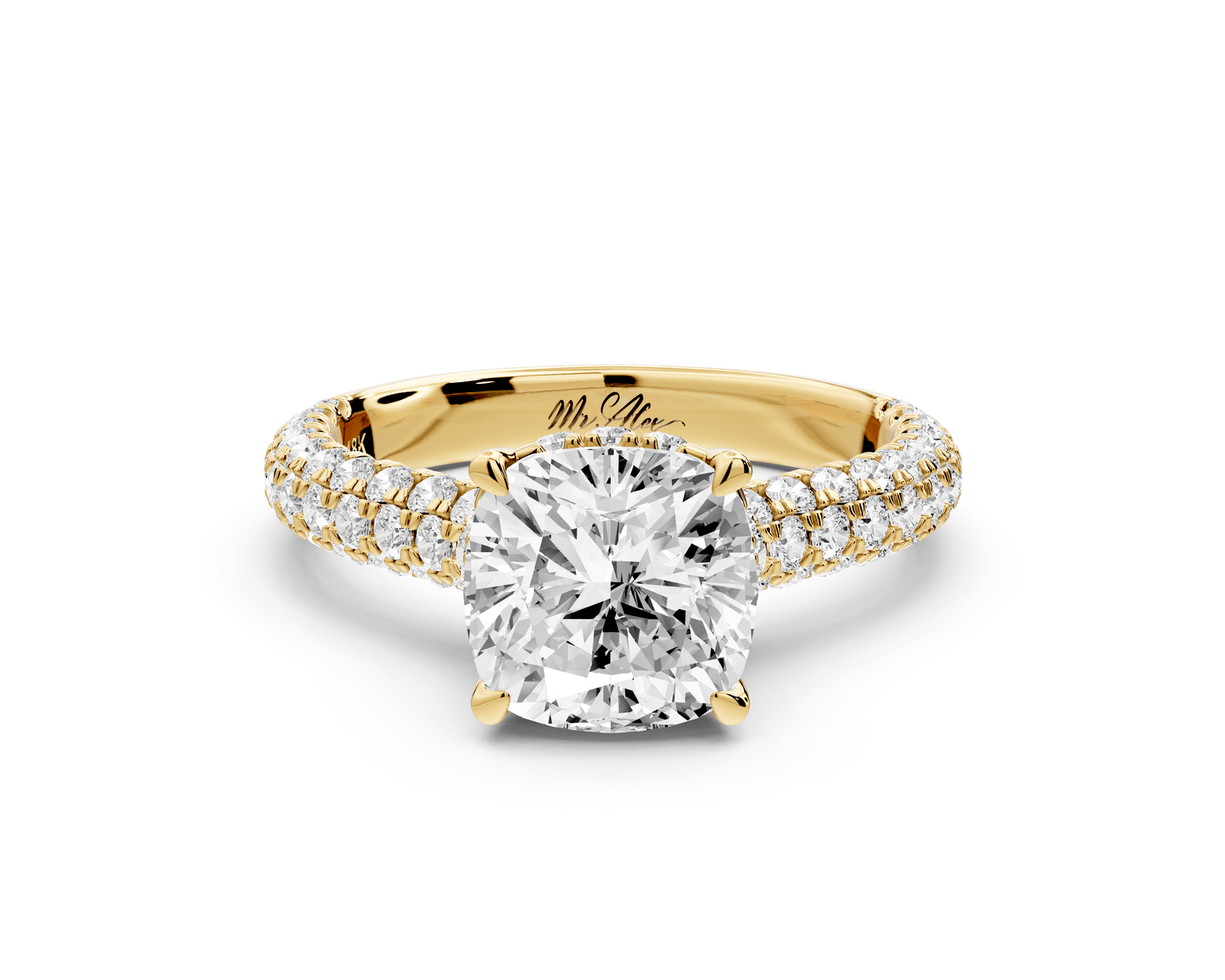 Amoria - 2ct 18k yellow gold cushion Diamond Engagement Ring with Pavé Band & Hidden Halo - Mr. Alex Jewelry