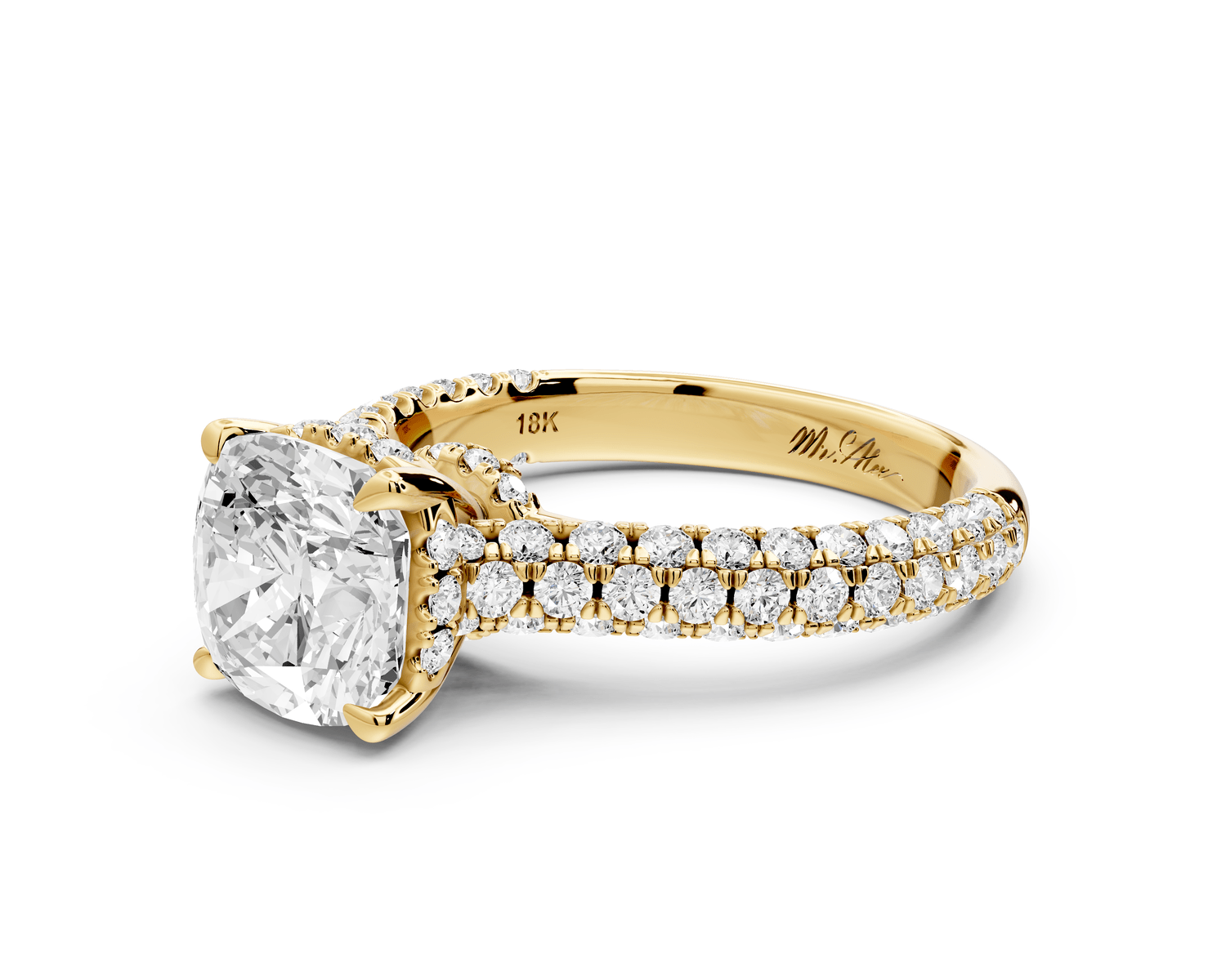 Amoria - 2ct 18k yellow gold cushion Diamond Engagement Ring with Pavé Band & Hidden Halo - Mr. Alex Jewelry