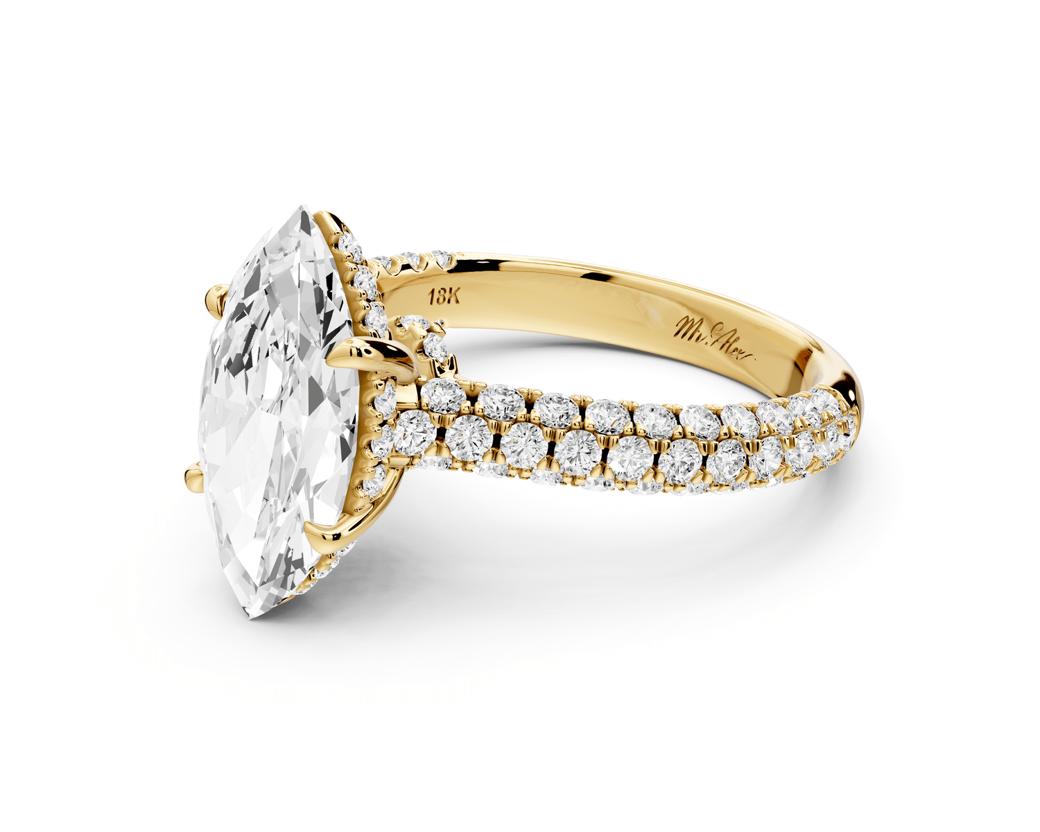 Amoria - 2ct 18k yellow gold marquise Diamond Engagement Ring with Pavé Band & Hidden Halo - Mr. Alex Jewelry