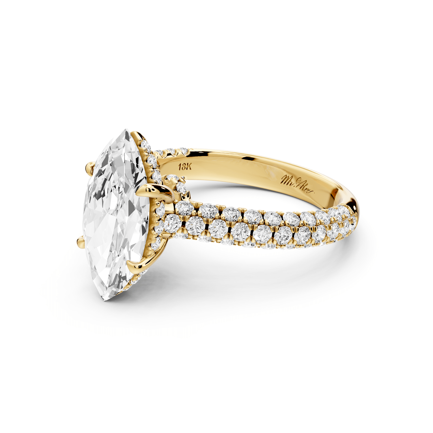 Amoria - 2ct 18k yellow gold marquise Diamond Engagement Ring with Pavé Band & Hidden Halo - Mr. Alex Jewelry