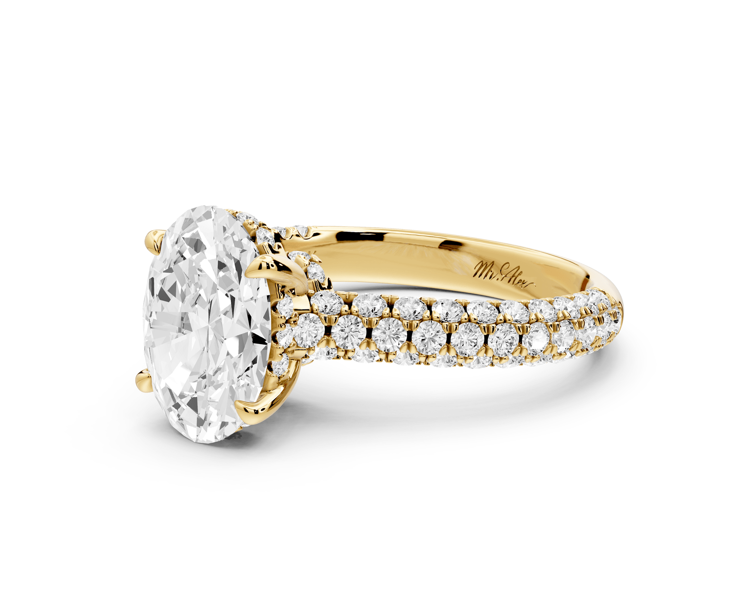 Amoria - 2ct 18k yellow gold oval Diamond Engagement Ring with Pavé Band & Hidden Halo - Mr. Alex Jewelry