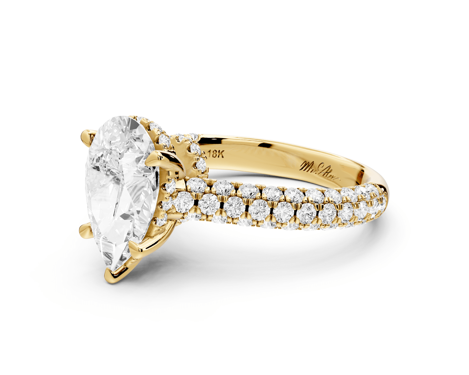 Amoria - 2ct 18k yellow gold pear Diamond Engagement Ring with Pavé Band & Hidden Halo - Mr. Alex Jewelry