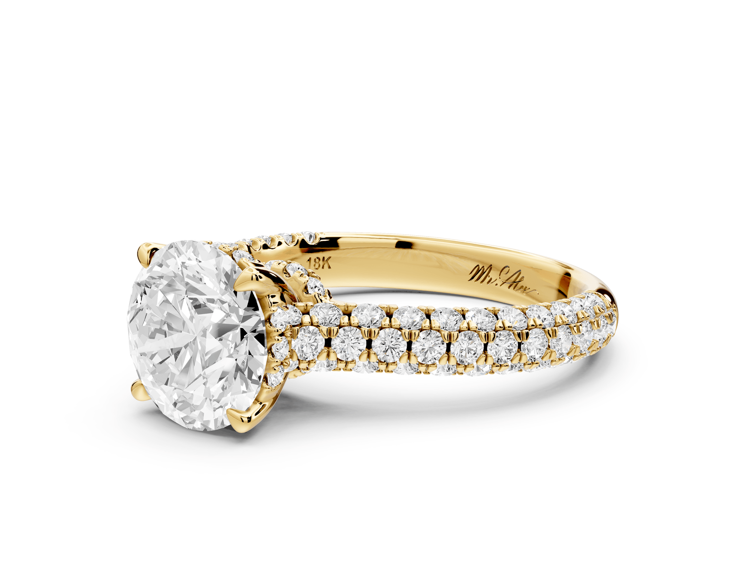 Amoria - 2ct 18k yellow gold round Diamond Engagement Ring with Pavé Band & Hidden Halo - Mr. Alex Jewelry